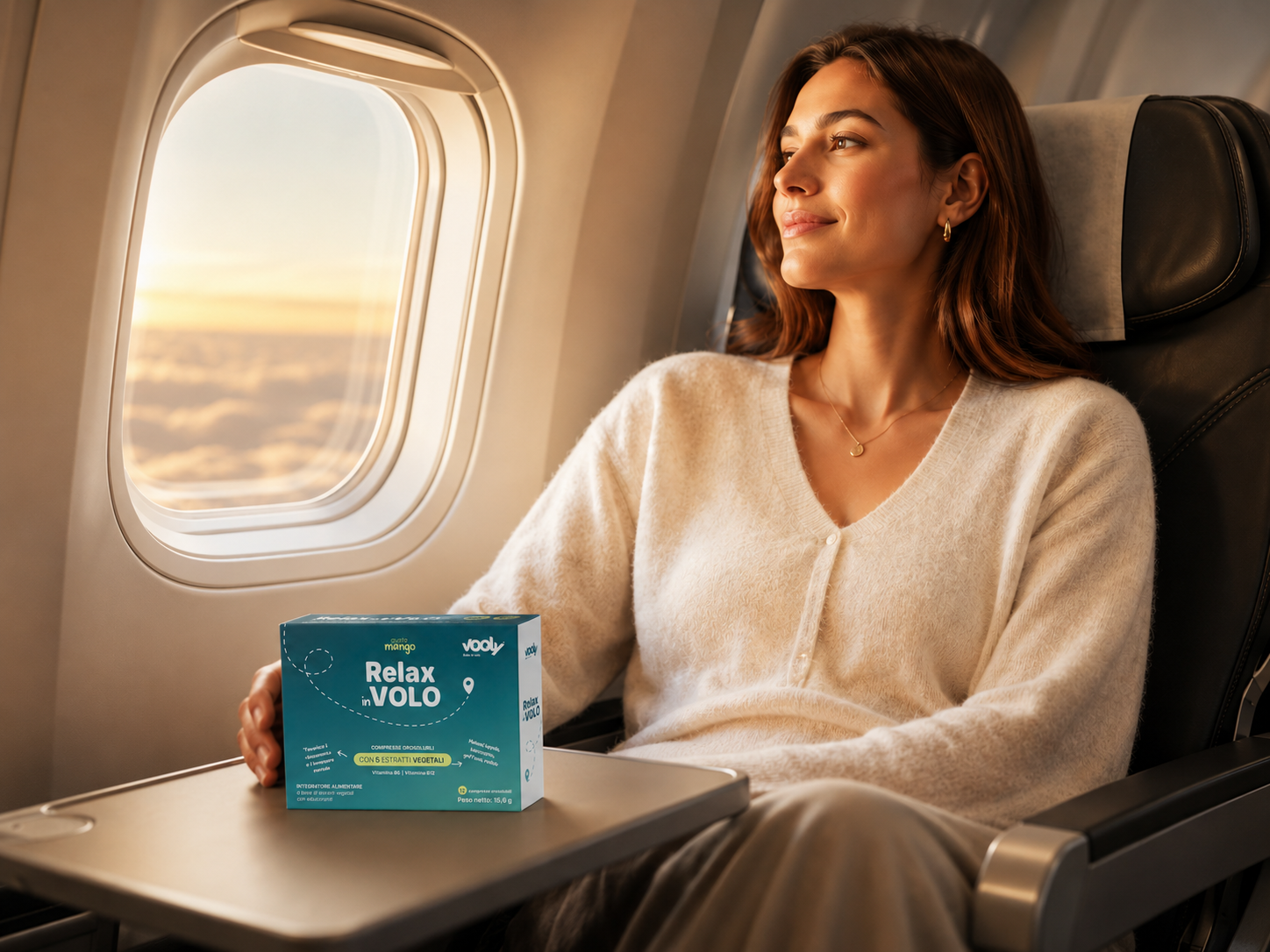 Donna serena al finestrino di un aereo, con la confezione Vooly Relax in Volo sul tavolino